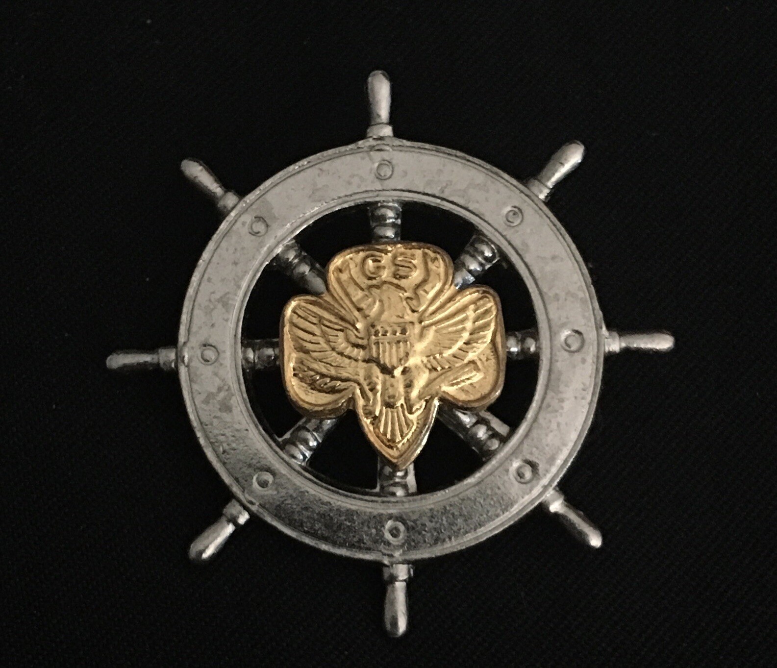Vintage Girl Scouts Mariner Pin Ships Wheel-Silver/ Gold Trefoil-Lyon Brothers