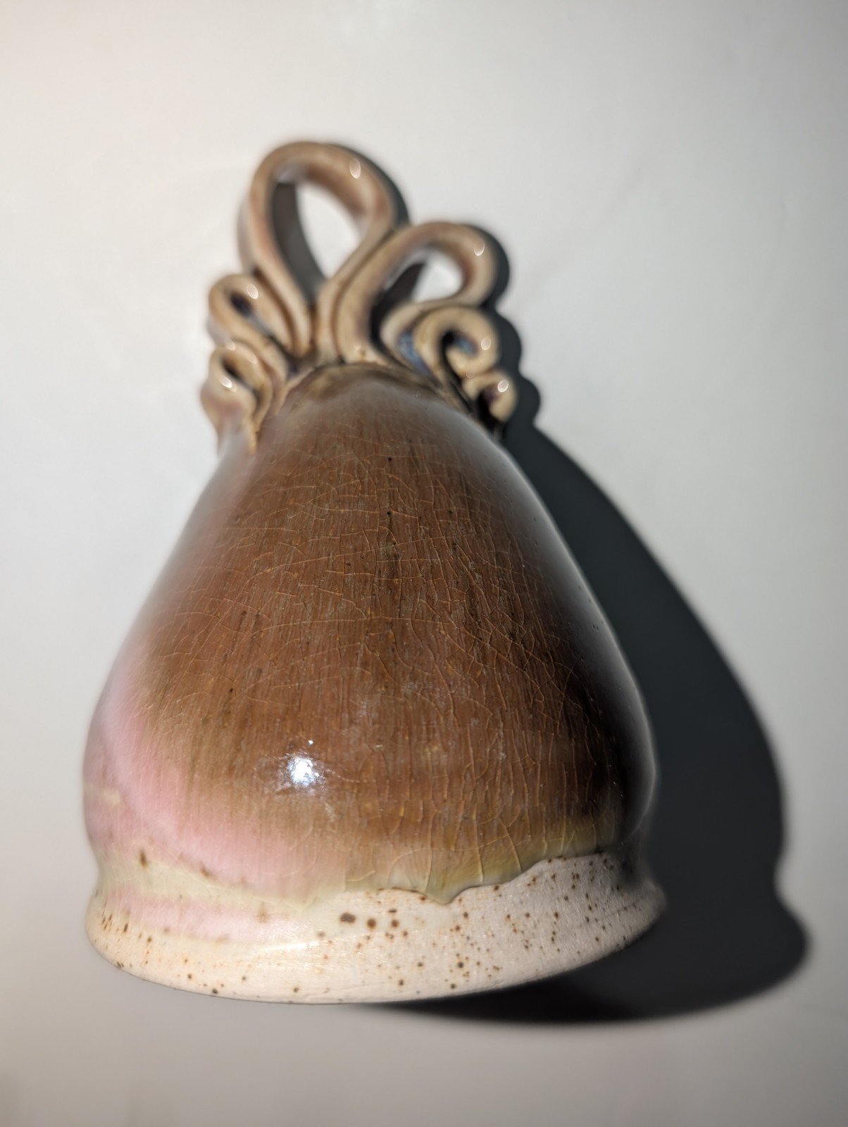Vintage Hand Painted Brown Tan Tulip Shape Ceramic Bell 5 Inches Looped Handle