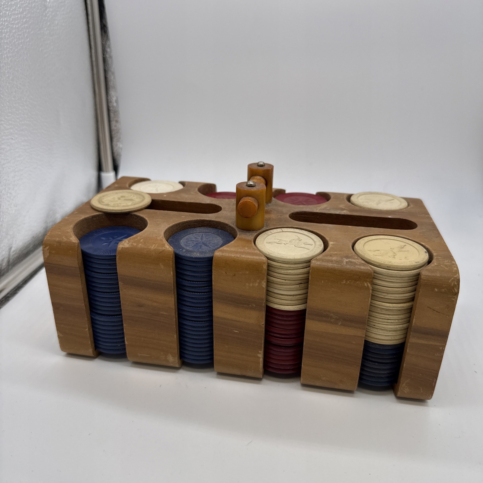 Vintage 1-1/2” Clay Poker Chips Beige Blue Red Nautical And Jockey w Wood Holder