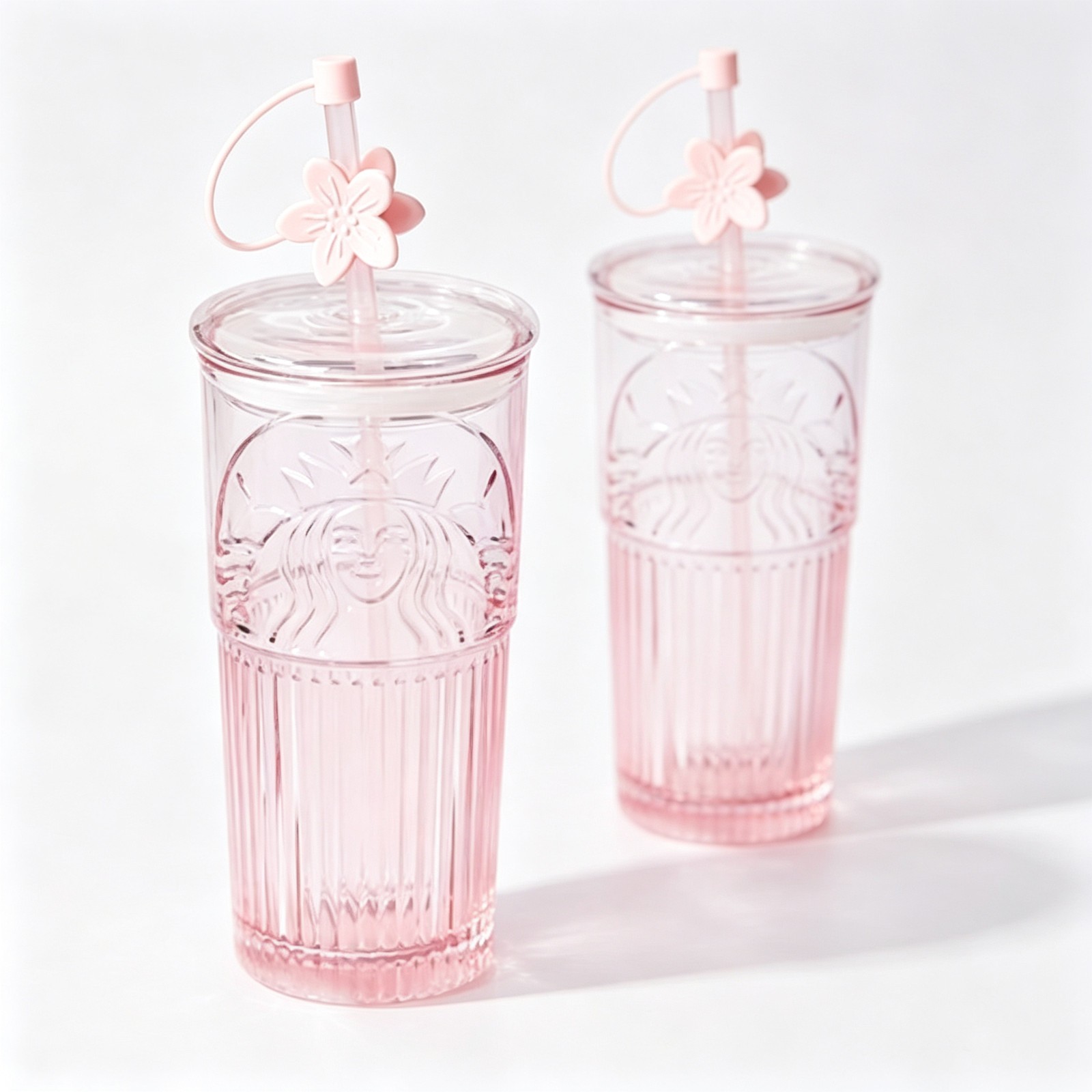 Starbucks19oz Embossed Siren Glass Cup Pink Gradient Vertical Striped With Straw