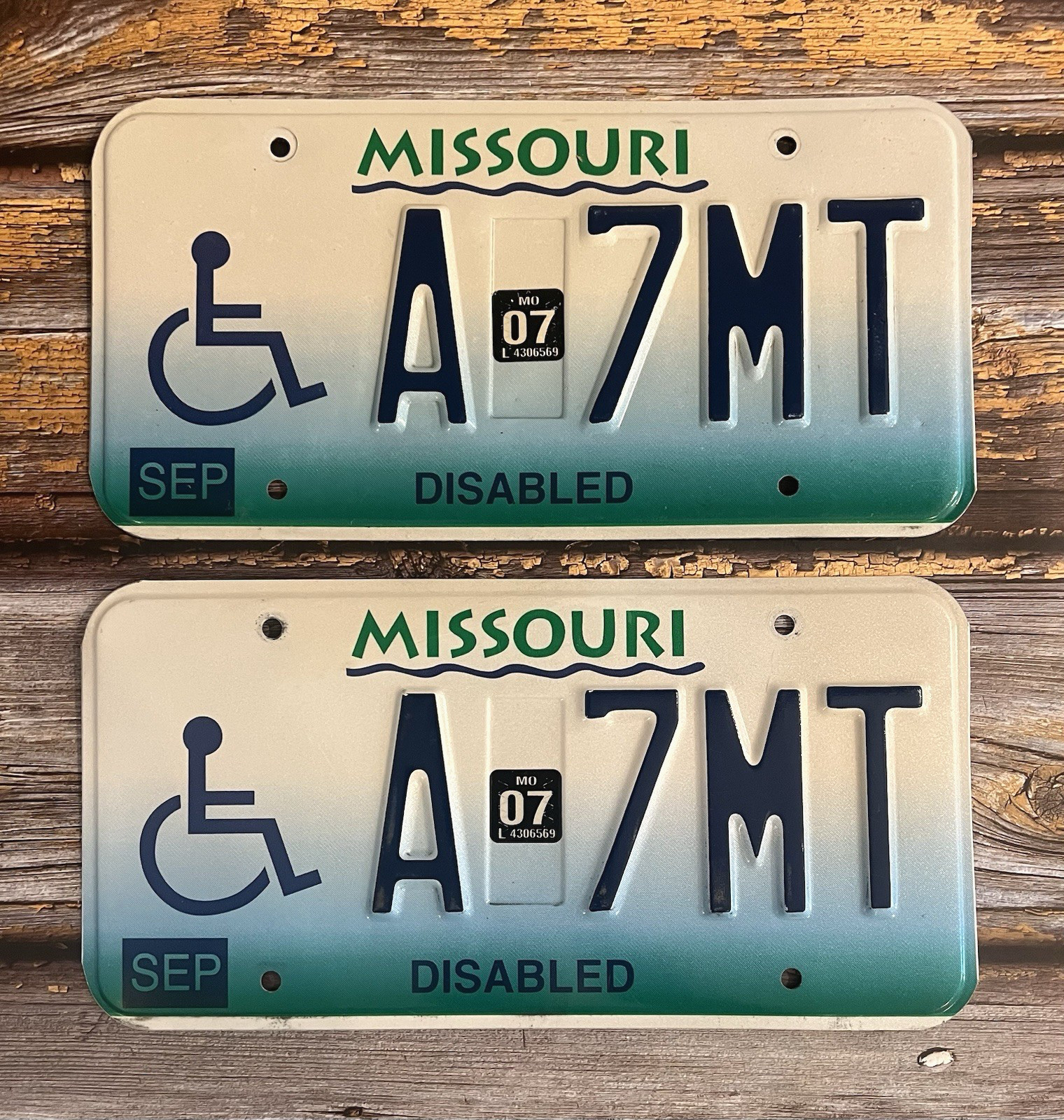 2007 Missouri Automobile License Plate Matched Pair / Set DISABLED A 7MT