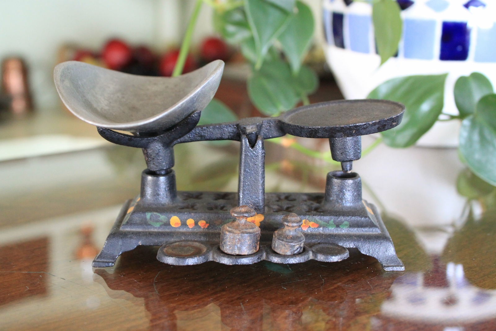 Cast Iron Miniature Hand Painted Kitchen Scale with Scoop and Weights - Home Dec