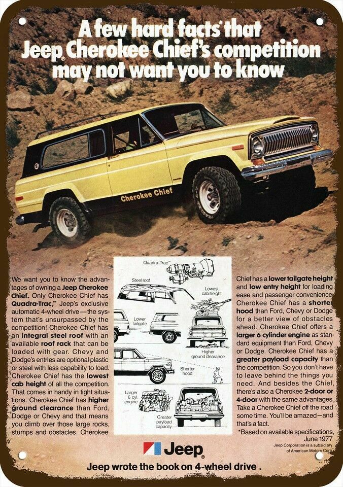1978 JEEP CHEROKEE CHIEF 4x4 SUV Vintage Look DECORATIVE REPLICA METAL SIGN