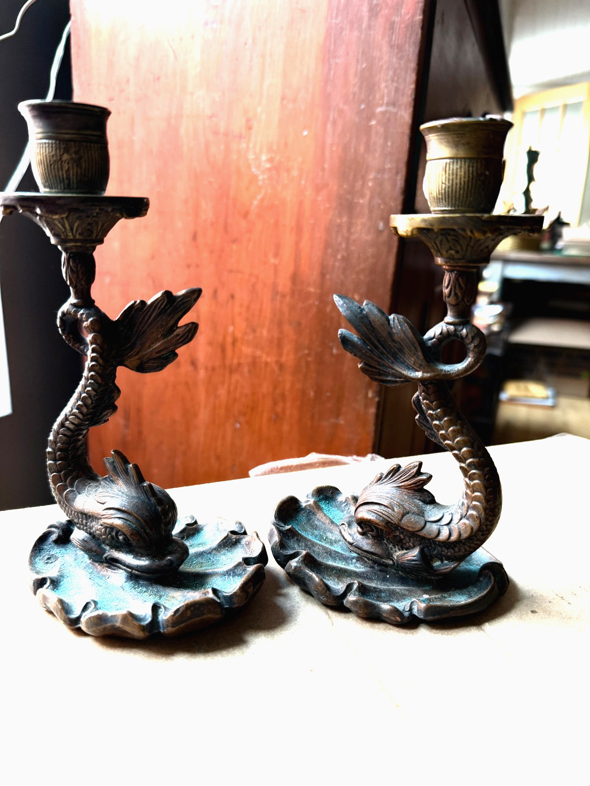 19th C. Antique Bronze Flying Dolphin Candlesticks, Symbol of Protection