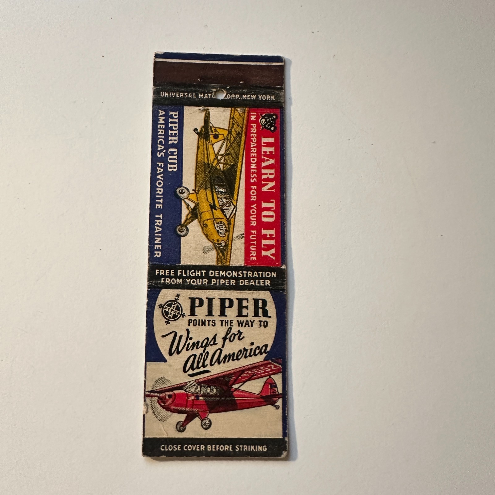 Piper Cub America\'s Favorite Trainer Vintage Matchbook Cover 5MB126-2