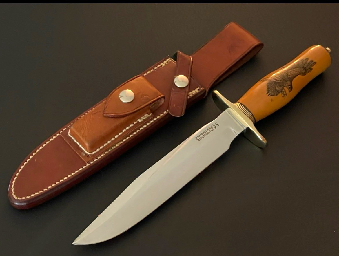 Randall Made Knife - Model #1 -7”, Westinghouse micarta, Rick Bowles Scrimshaw 