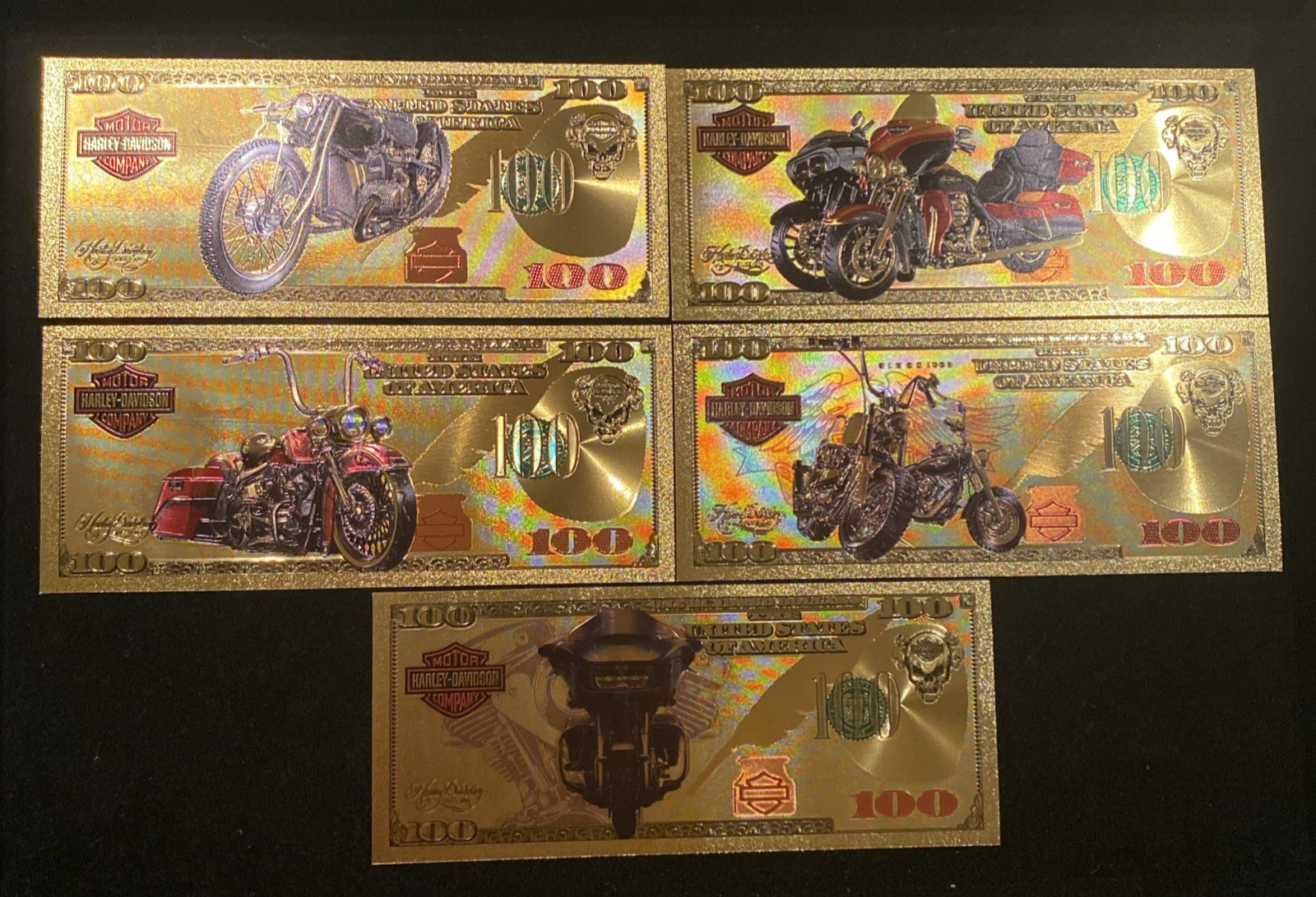 Harley Davidson Gold Foil Novelty Banknote Collectible Set of 5 – Great Gift Harley Davidson Gold Foil Novelty Banknote Collectible Set of 5 – Great Gift