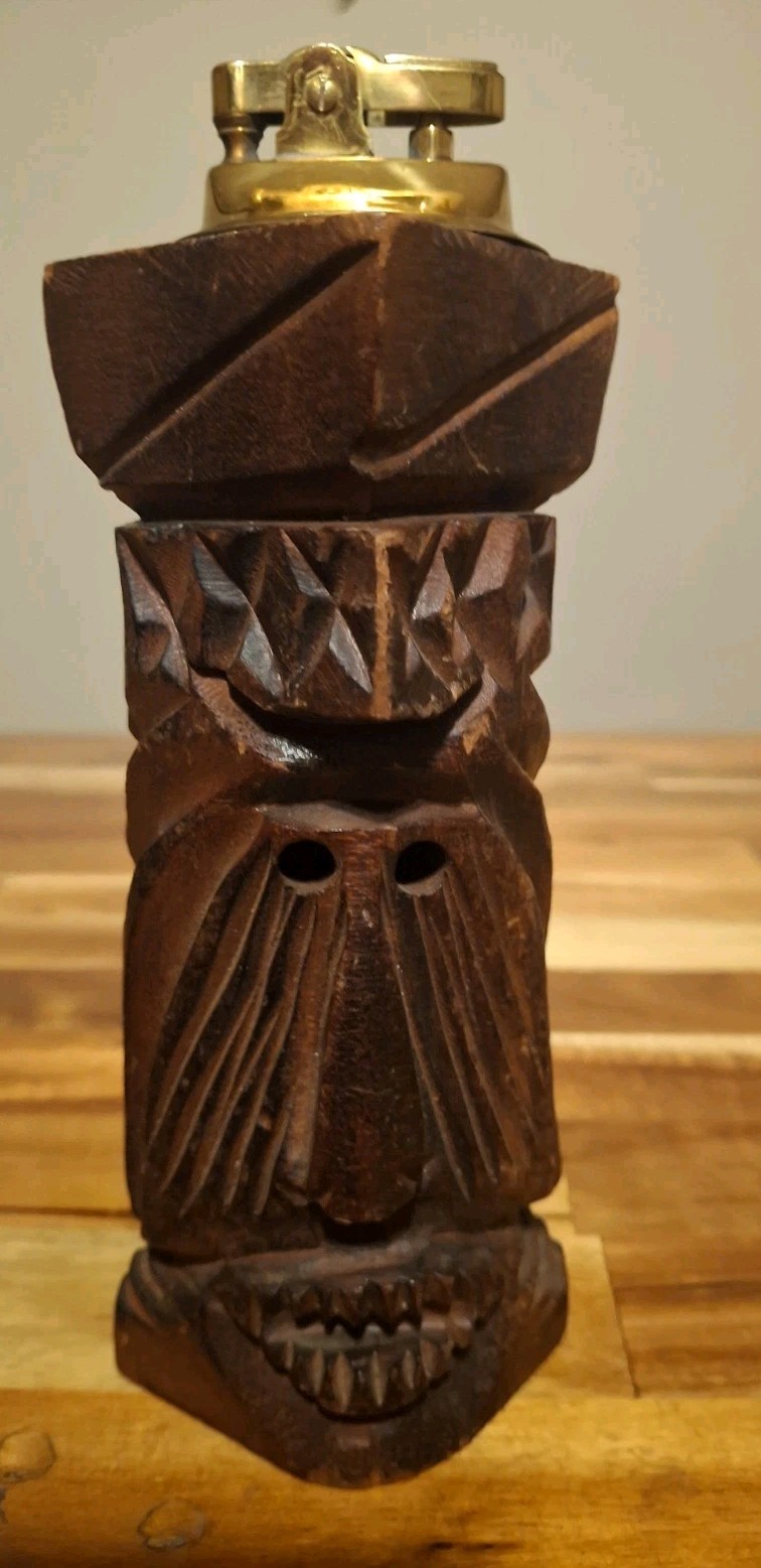 Vintage MCM Carved Wooden Tiki Head Totem Petrol Table Lighter Japan Sparks 6\