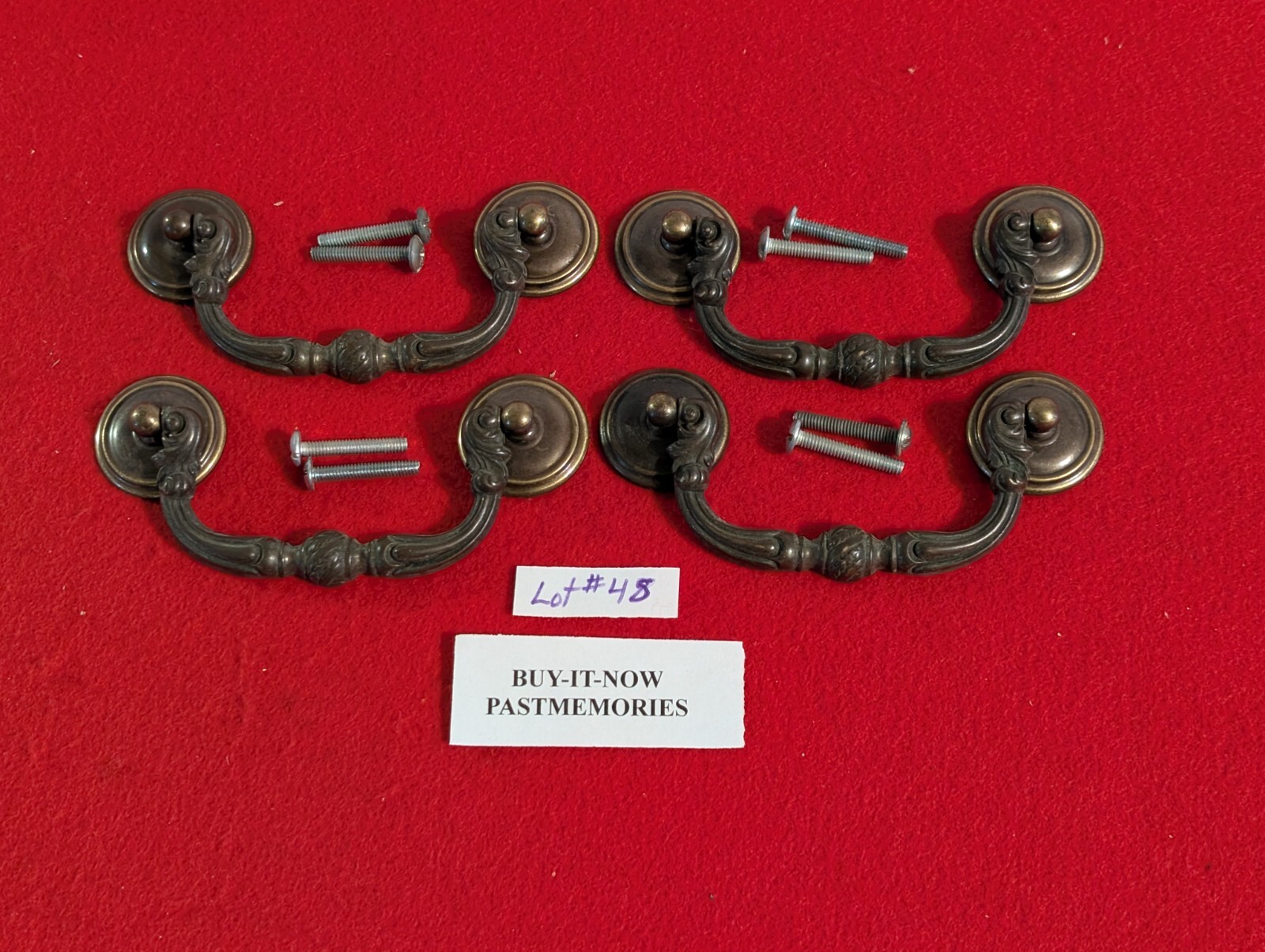 SET OF 4 VINTAGE KEELER BRASS DRAWER PULL HANDLES, OLD ANTIQUE HARDWARE LOT #48