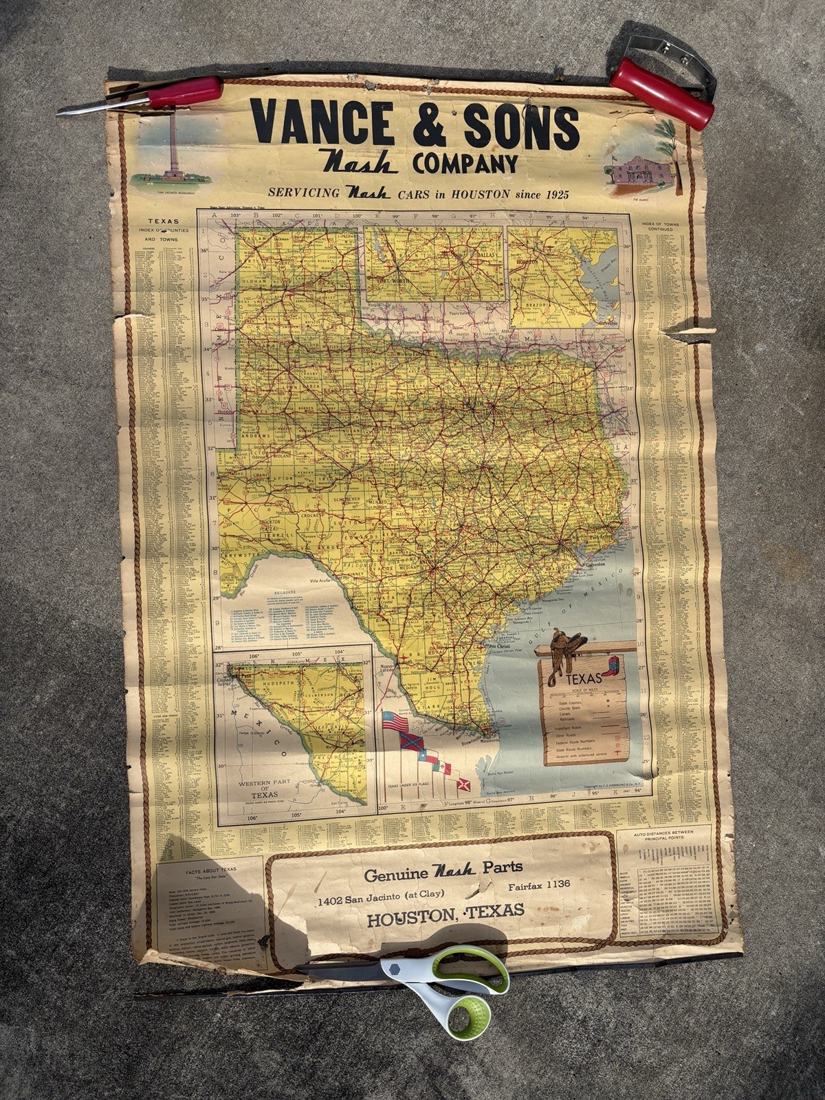 Vintage Nash Motors Auto Parts Dealer Promo Houston Texas Map Advertising Sign