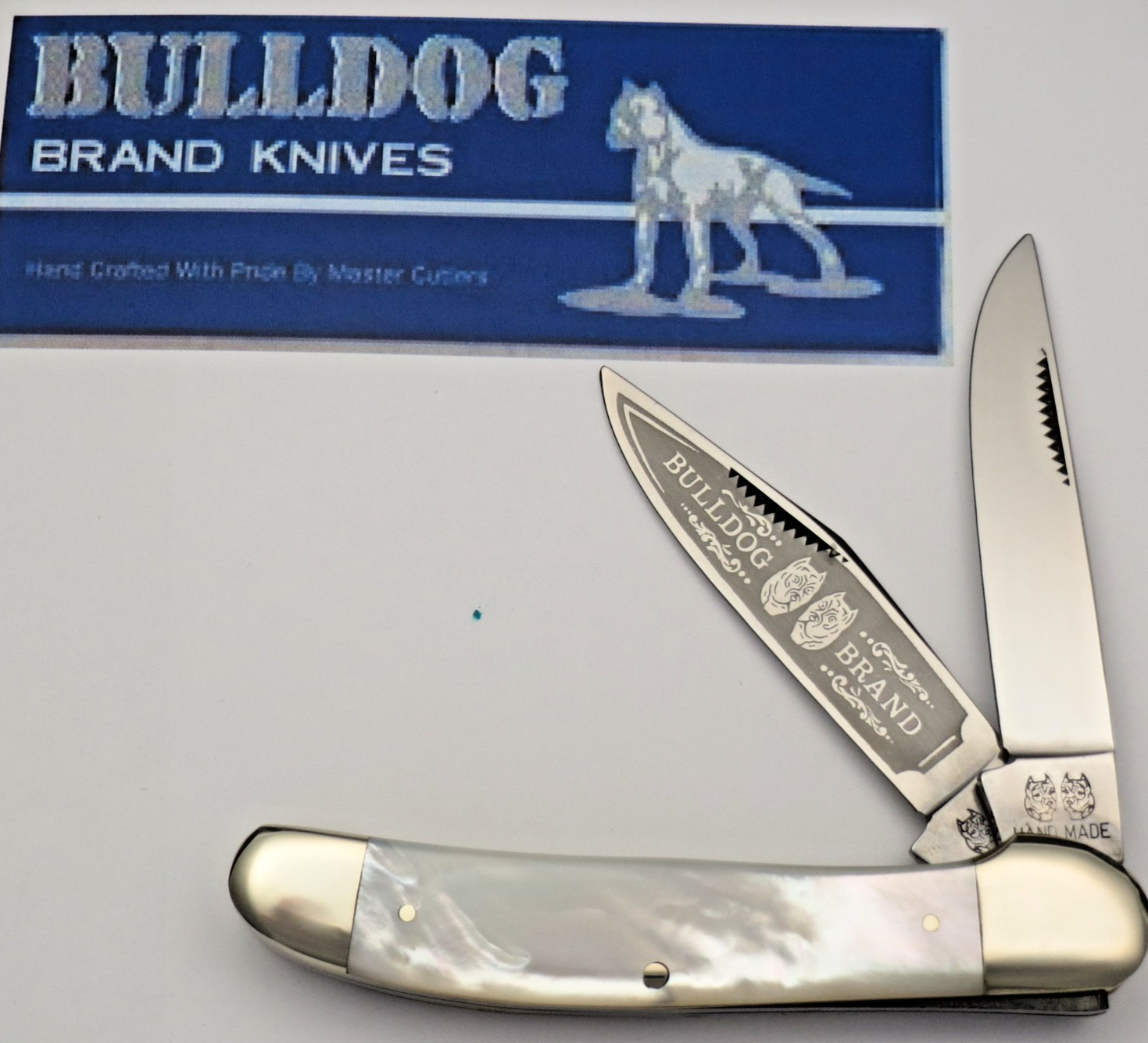 Vintage BULLDOG BRAND Solingen Two Dog Stamp Copperhead Mother of Pearl Handles