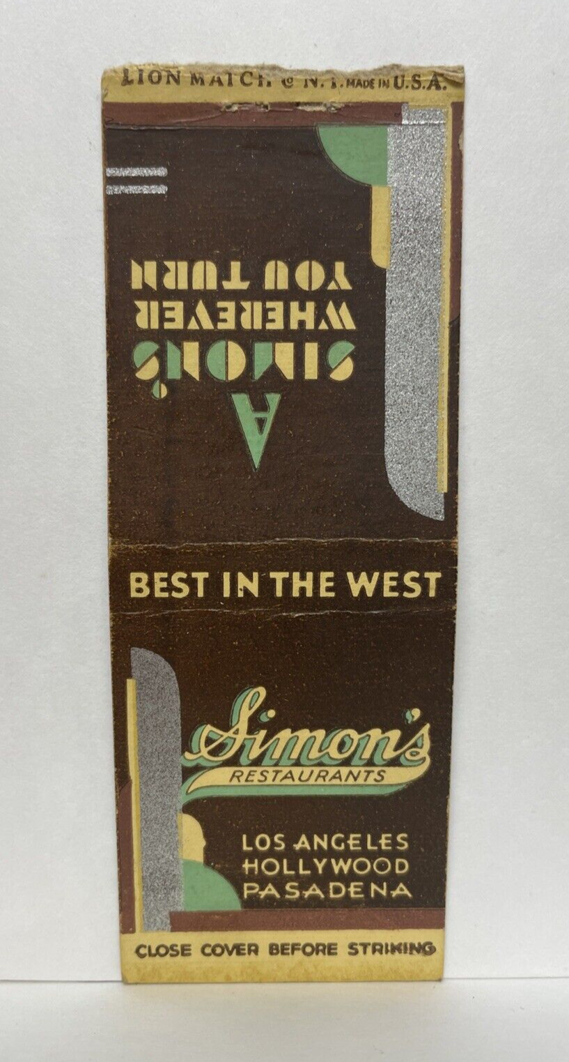 Simon's Restaurants Los Angeles Hollywood Pasadena MCM CA Match Cover 1940s Simon's Restaurants Los Angeles Hollywood Pasadena MCM CA Match Cover 1940s