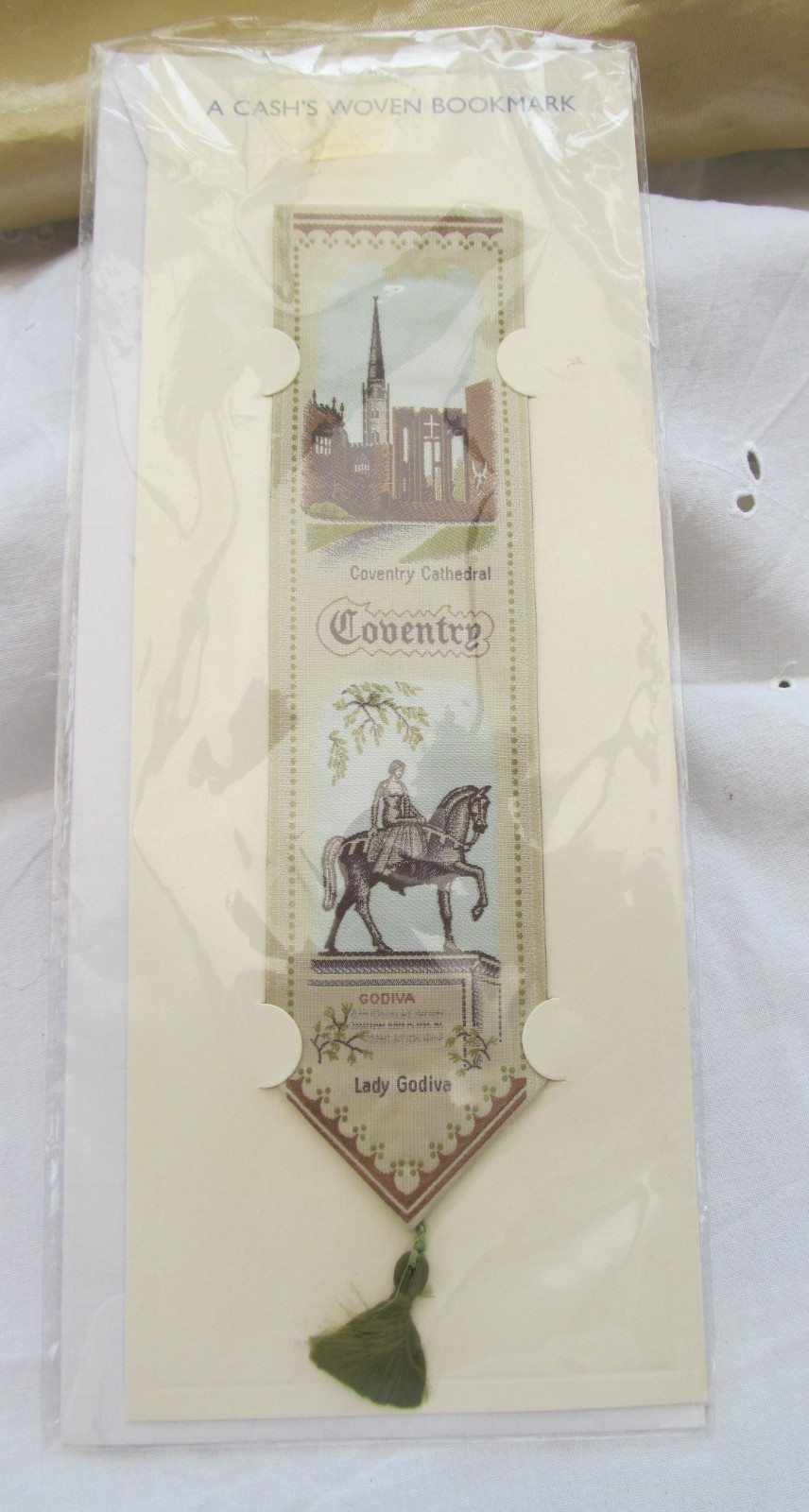 Rare Vintage Cash\'s Woven Silk Bookmark Lady Godiva Coventry Cathedral Sealed