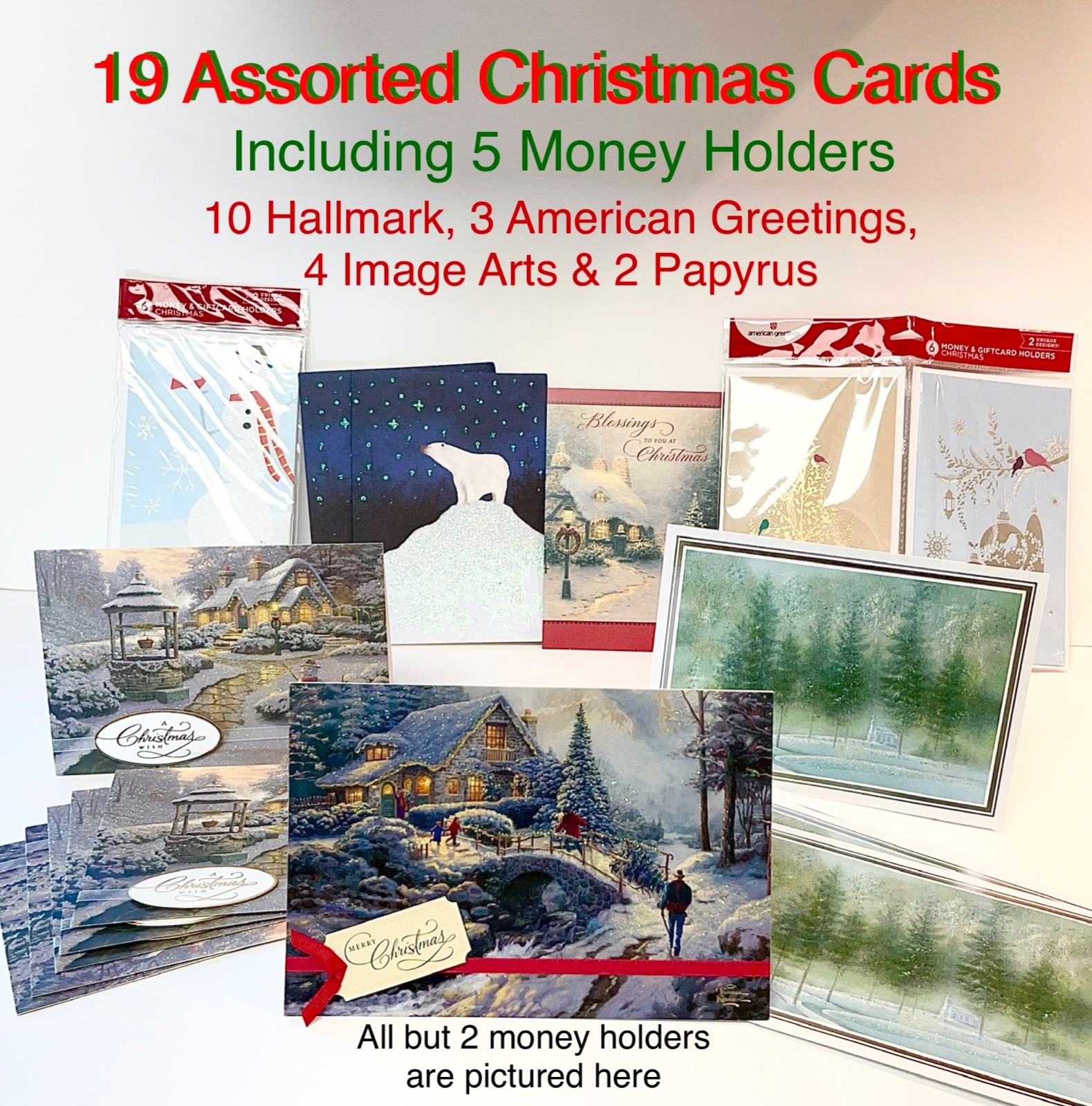 THOMAS KINKADE, HALLMARK, PAPYRUS & MORE - 19 ASSORTED CHRISTMAS CARDS/ENVELOPES