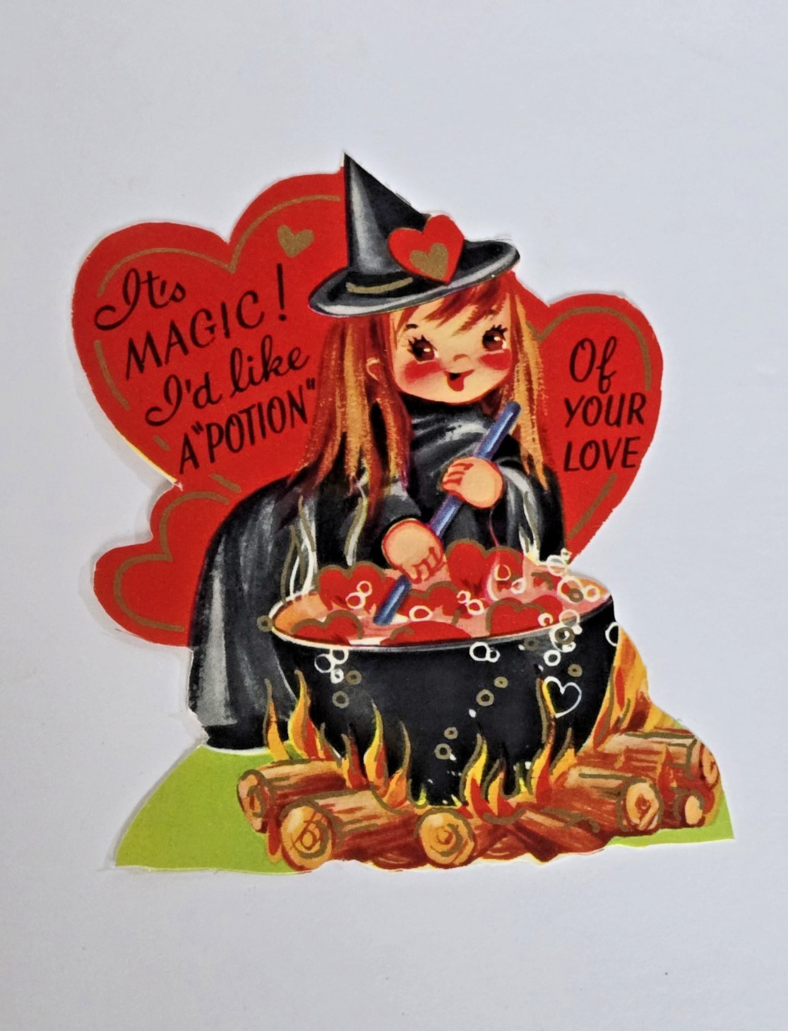 Vintage Valentine Card Die Cut Witch Cauldron Love Potion Unused Halloween Rare