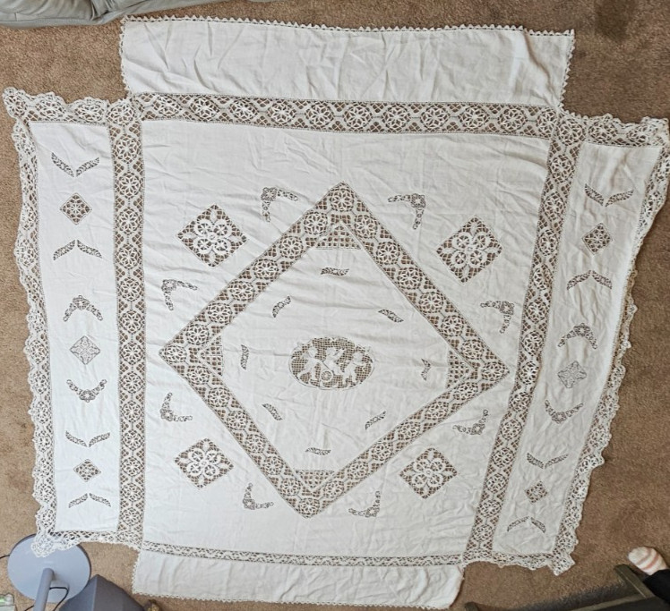 VTG Filet Lace Bedspread Tablecloth Cherubs Angels Putti Cutwork 80x85\