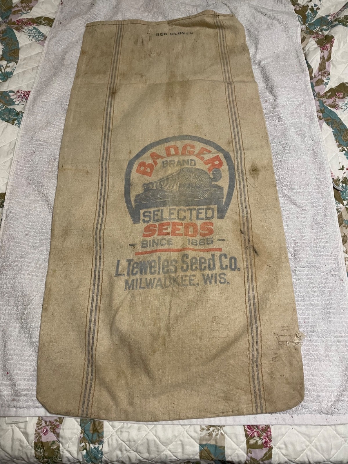 Badger Brand Seeds Bushel Cloth Seed Sack L Teweles  Milwaukee WI as is