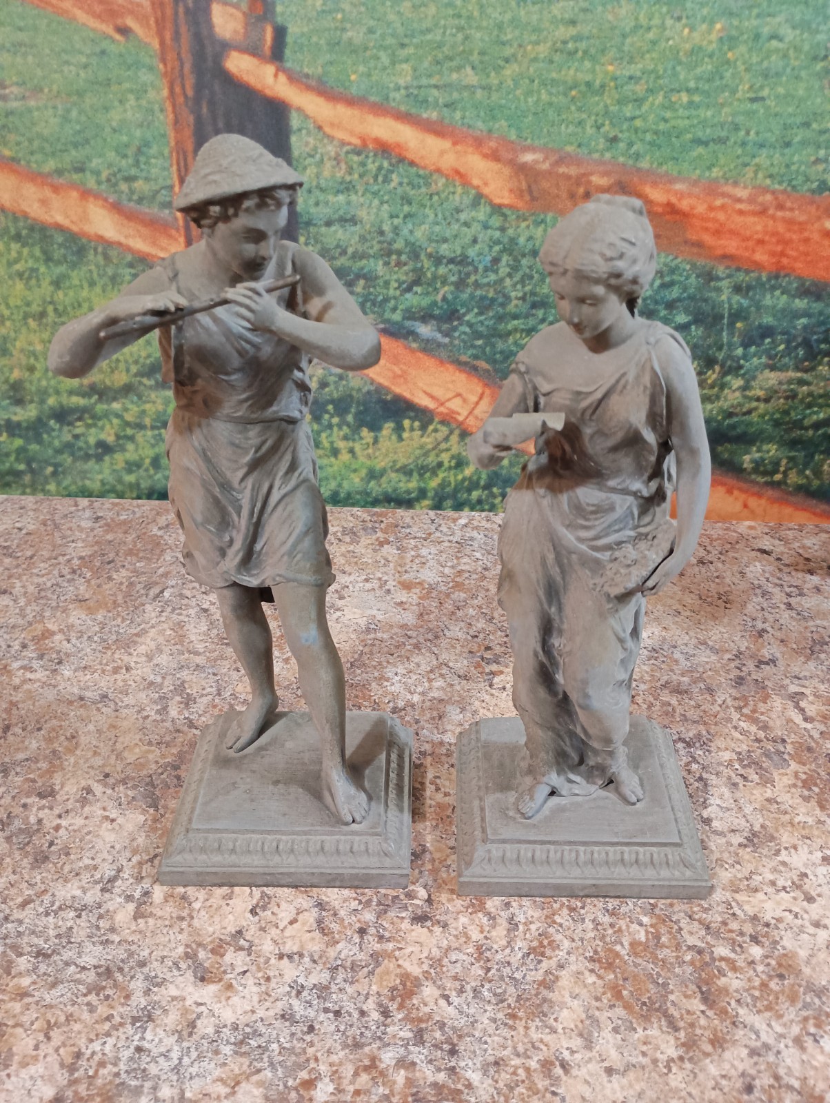 Antique Spelter Statues In grayish metal Male And Female Etrusca , Roman Style