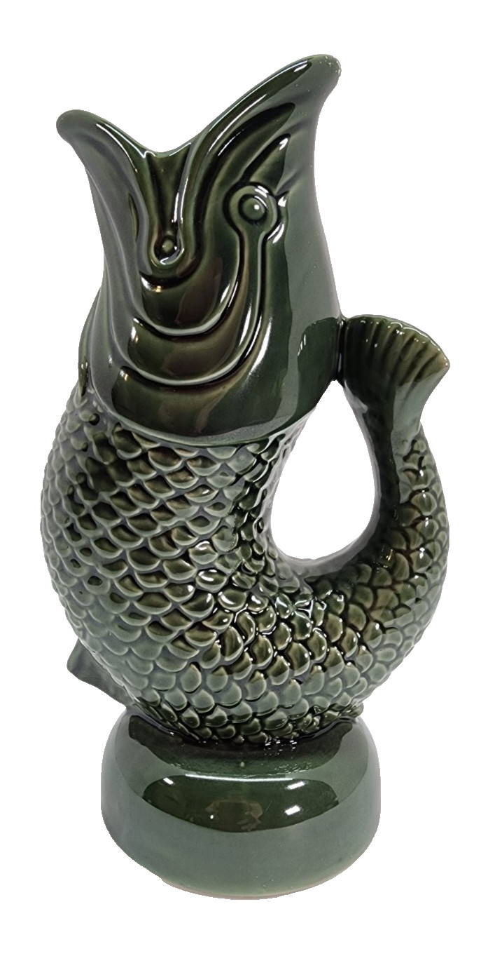 Home-X Green Fish Glug Jug Pitcher Vase Ceramic Fish Mug Nautical Decor