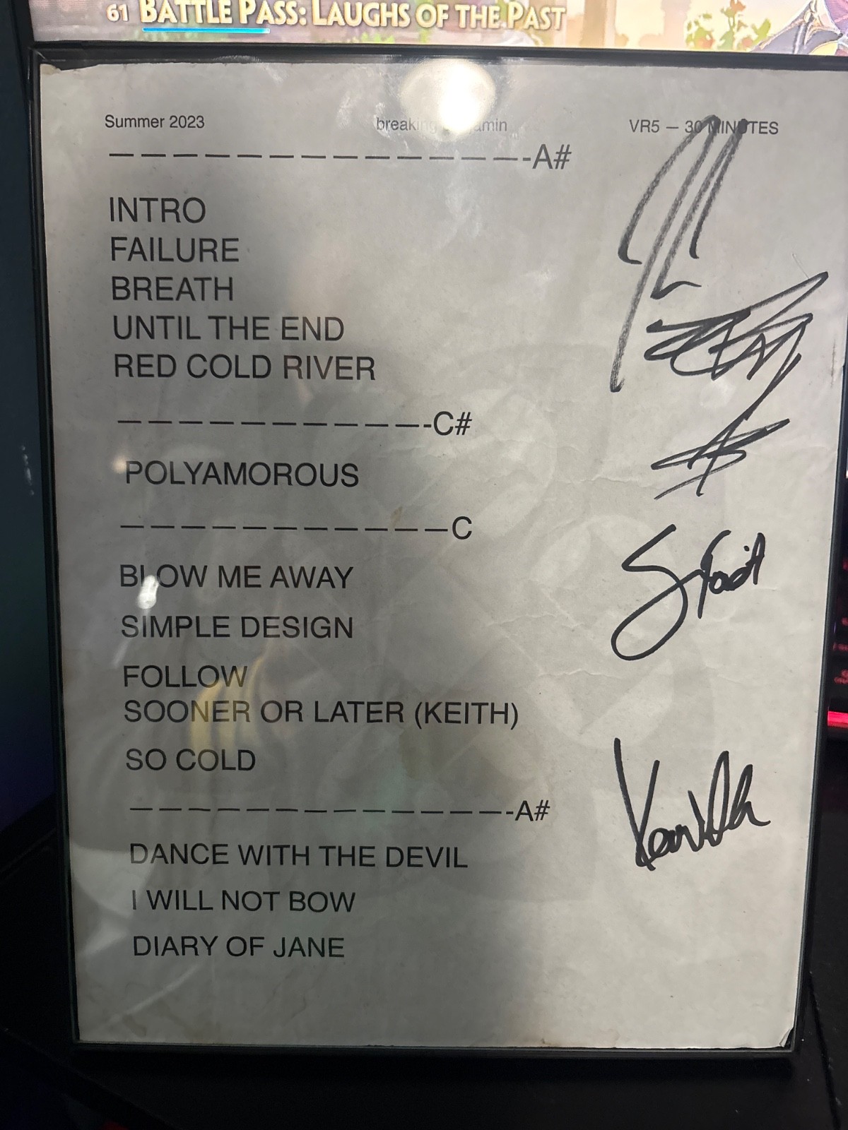 Hand signed setlist breaking Benjamin from 2023