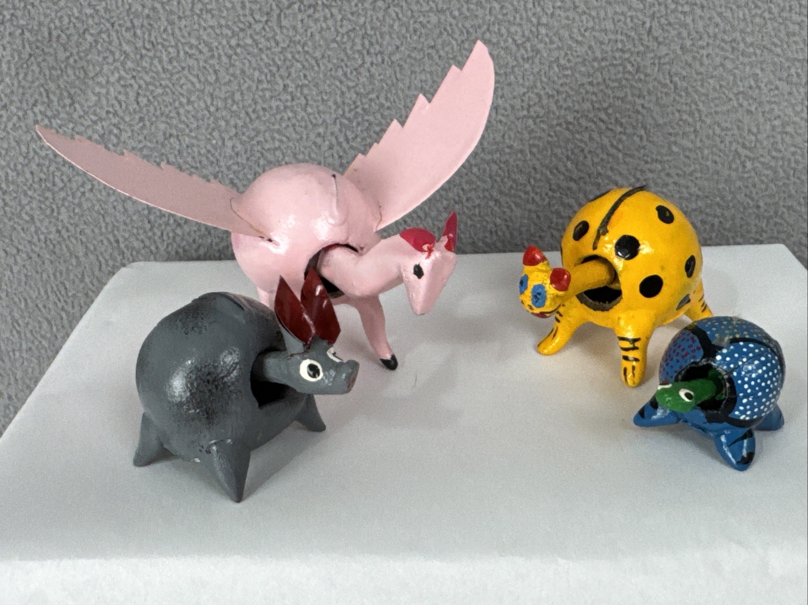 Vtg Mexican Folk Art Hand Painted Alebrije Mini Bobbleheads Set of 4 SEE VIDEO