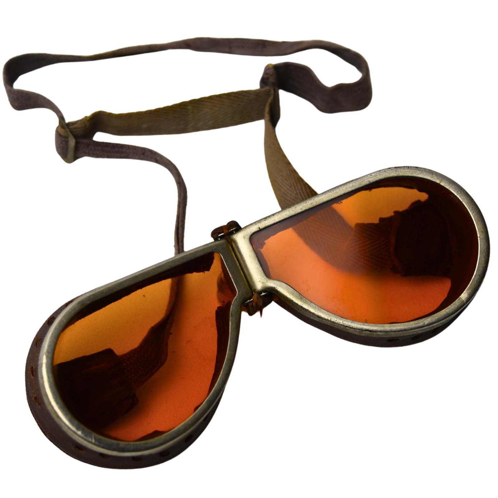 Antique 1920s 1930s Aviator Flying Goggles Amber Lens Leather Steampunk Pilot