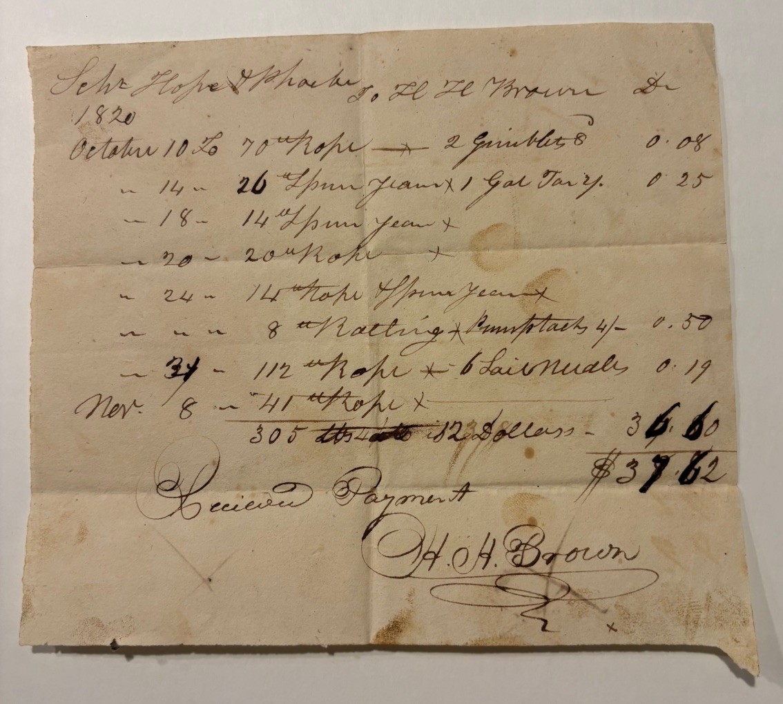 H.H.Brown Signed Reciept 1820 for Schooner Hope & Phoebe Supplies Document RI H.H.Brown Signed Reciept 1820 for Schooner Hope & Phoebe Supplies Document RI