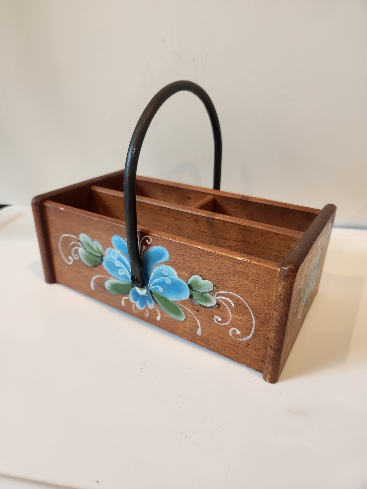 Hand Painted Vintage Wooden Box With Iron Handle And Divided Compartments