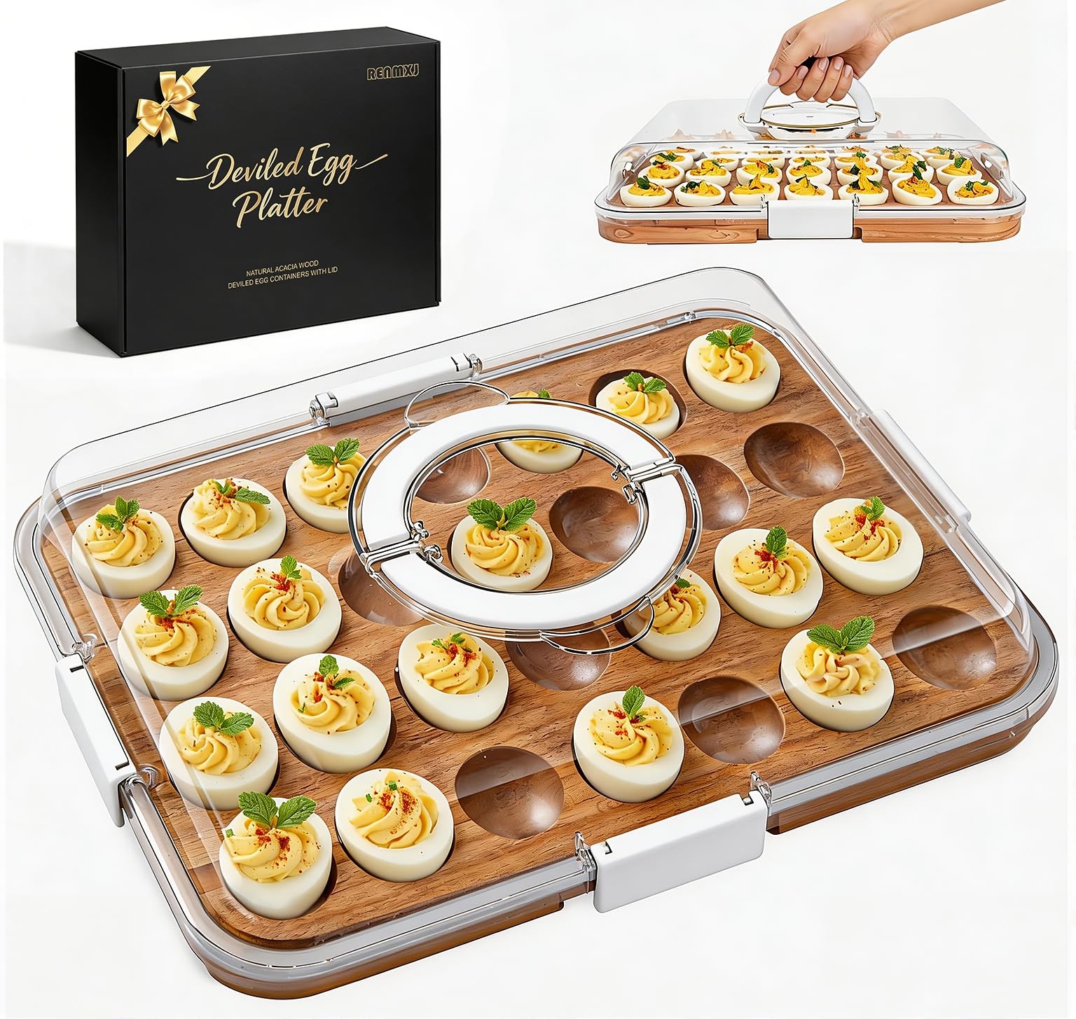 Deviled Egg Containers with Lid 28 Eggs Acacia Wooden Tray Platter 2026 White