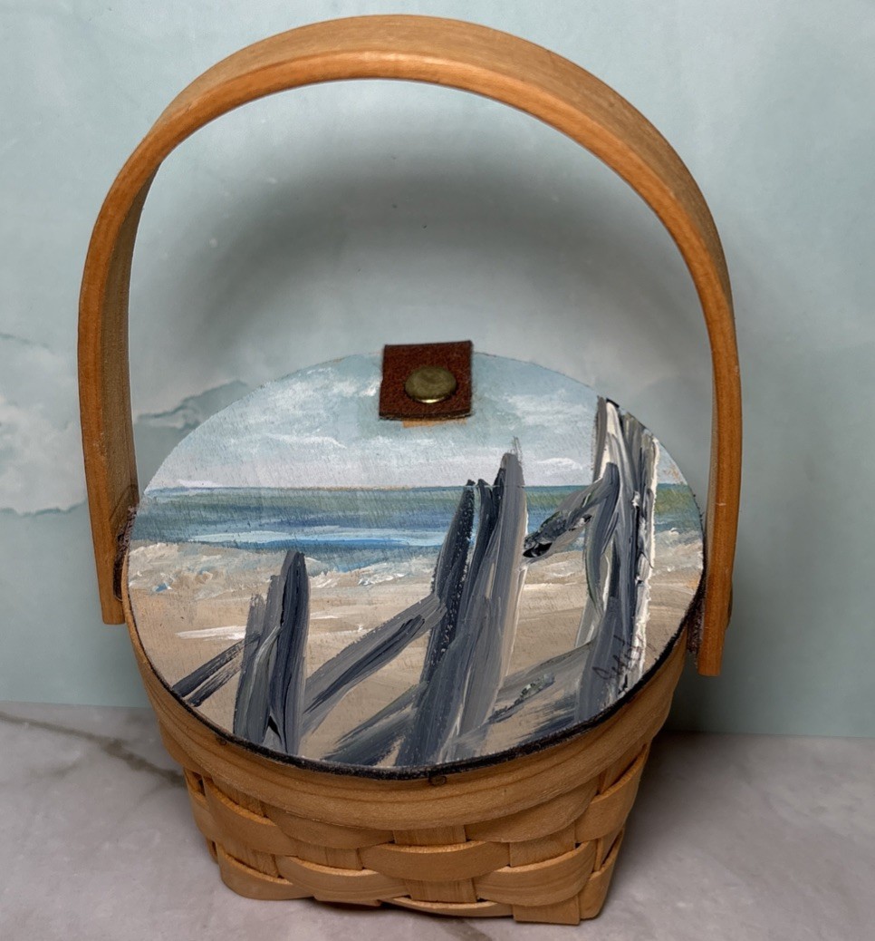 Bent Wood Sewing Basket Lid Handle Painted Nautical Beach Scene Cloth Lined 5”