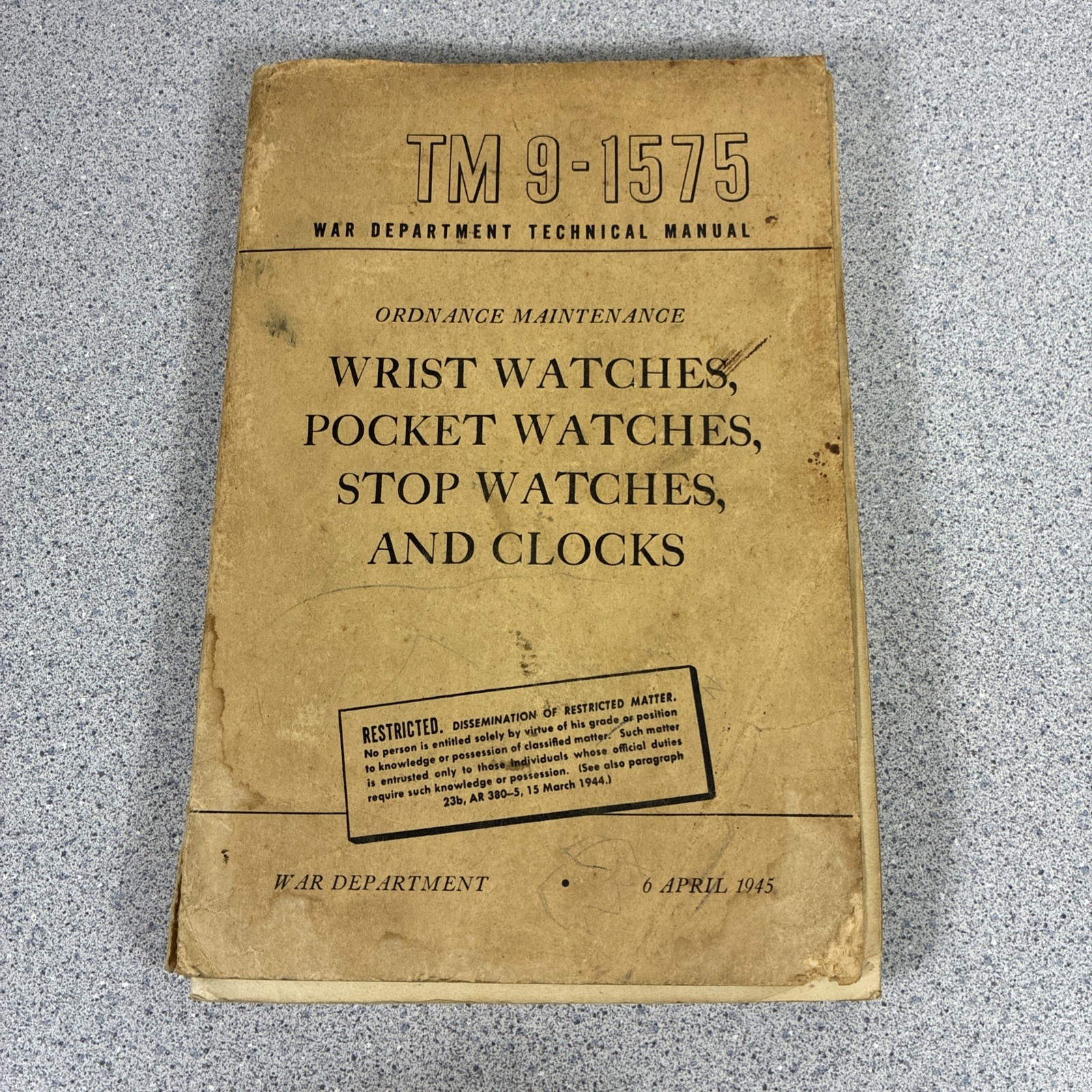 VTG 1945 TM9-1575 War Department Wrist Watches Pocket Clocks Technical Manual