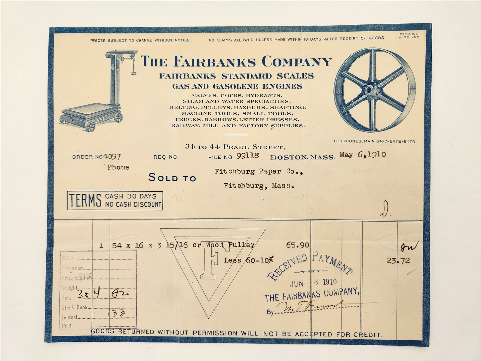 1910 antique FAIRBANKS CO boston ma STANDARD SCALES MACHINERY invoice