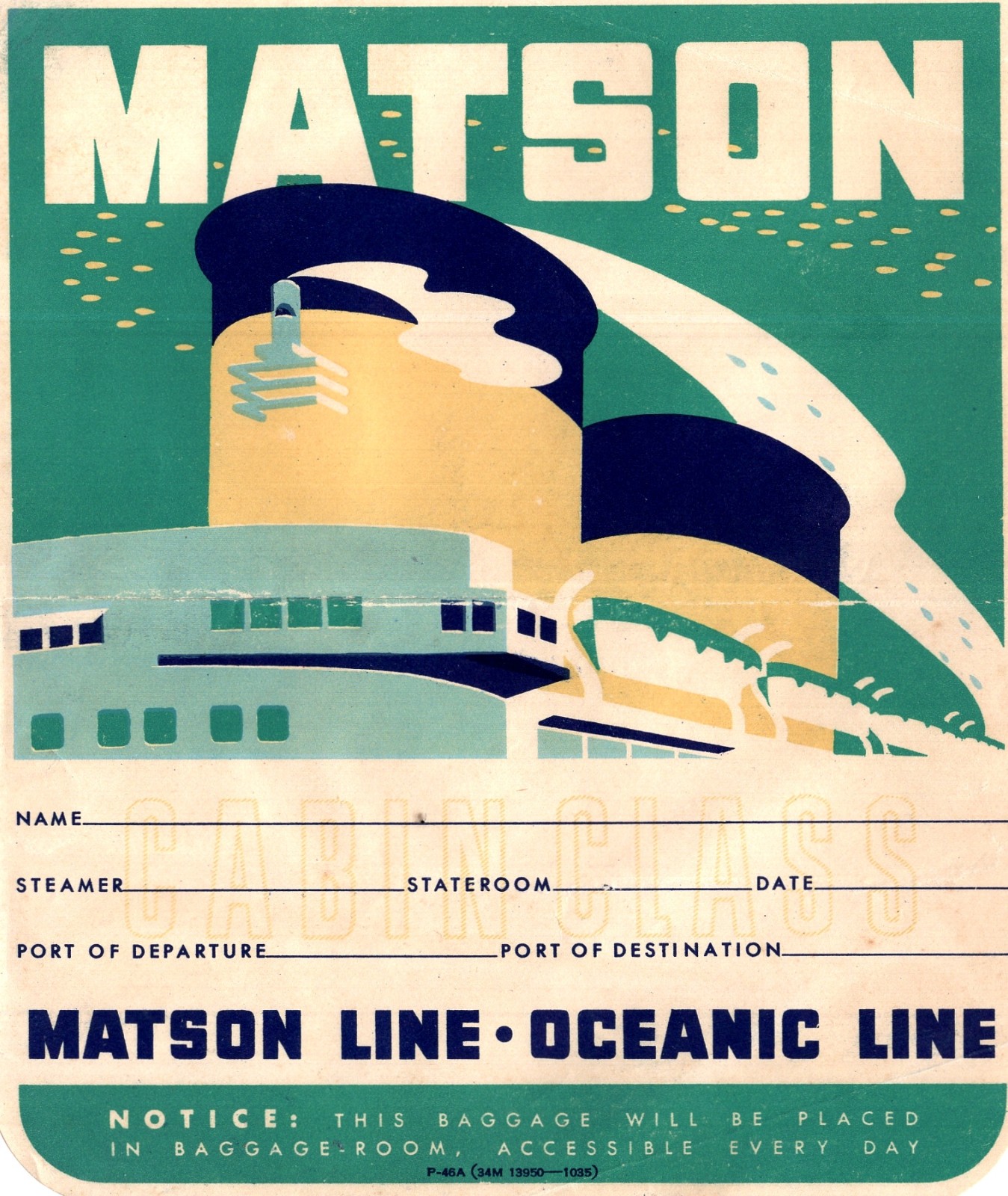 MATSON LINE VINTAGE STEAMSHIP LUGGAGE LABEL
