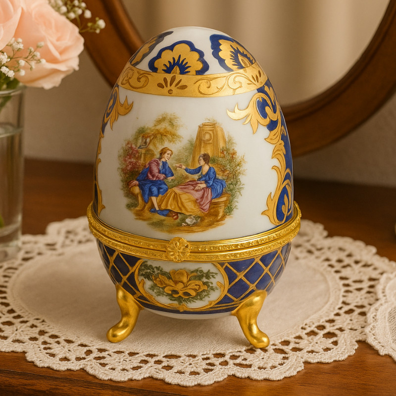 Vintage Vecceli Porcelain Egg Trinket Box – Hand-Painted Hinged Jewelry Box