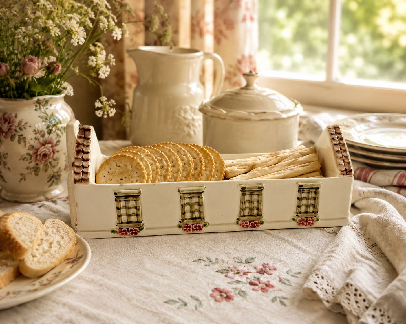 Vintage Fitz and Floyd Cottage House Cracker Holder Ceramic Serving Dish 10 Inch Vintage Fitz and Floyd Cottage House Cracker Holder Ceramic Serving Dish 10 Inch