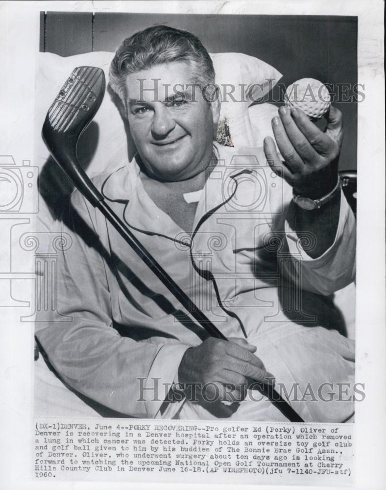 1960 Press Photo Golfer Ed Porky Oliver Recovering From Surgery With Toy Club