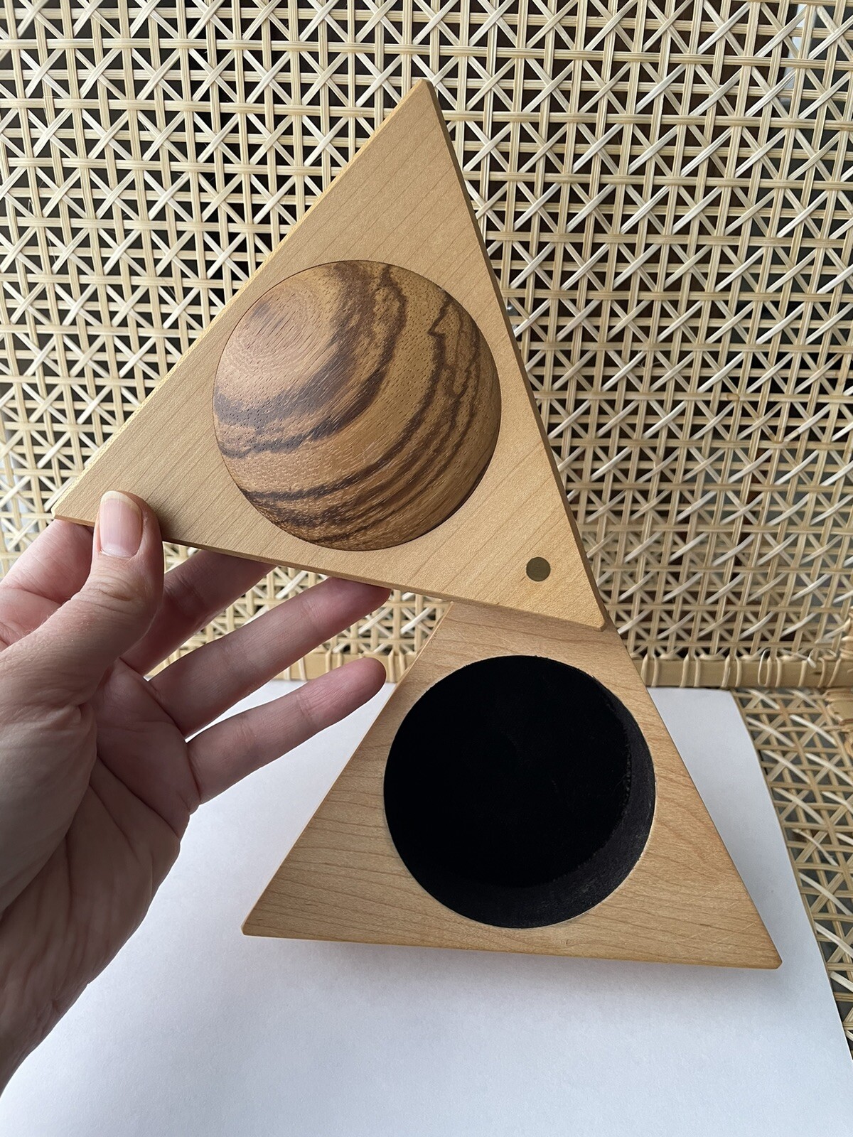 Triangular Inlaid Wooden Trinket or Ring Box-Handmade, Signed, Brass Hinge, VNTG