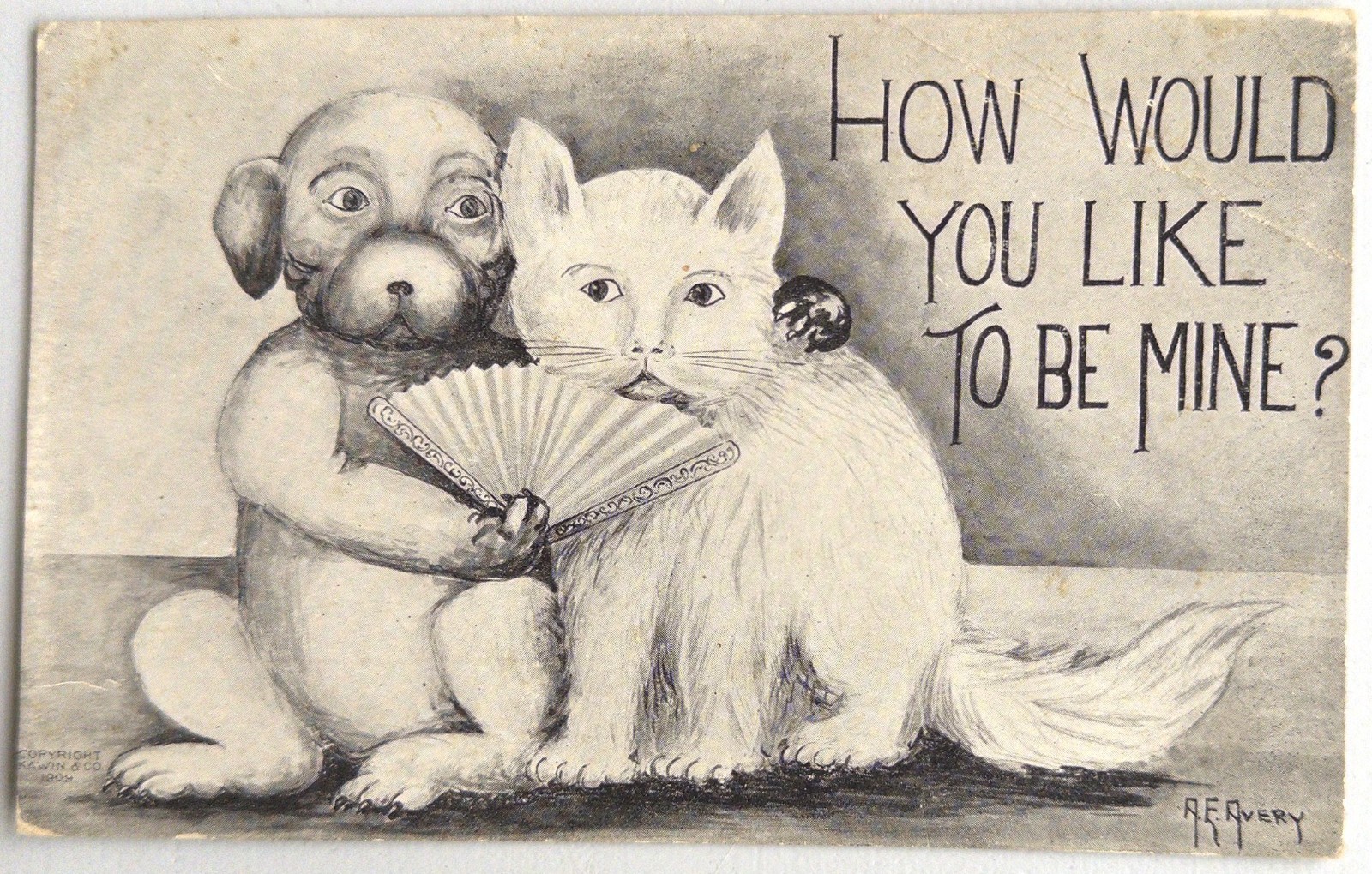 Vintage Cat & Dog Be Mine Romance Antique Postcard Posted 1910