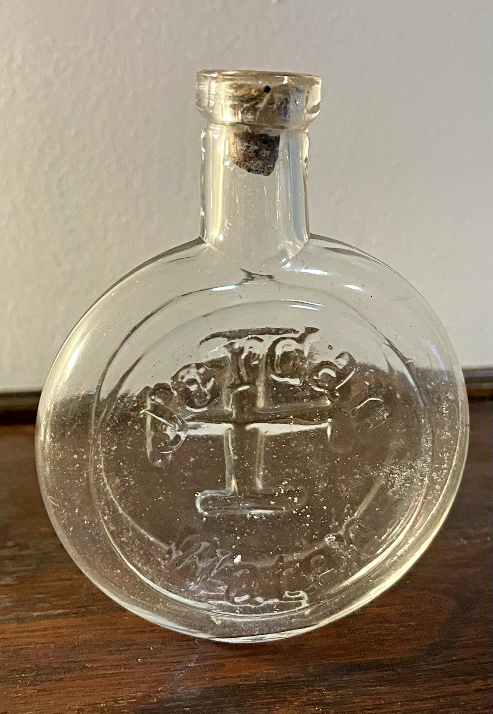Antique Jordan Holy Water Clear Glass Bottle Embossed with Cross 