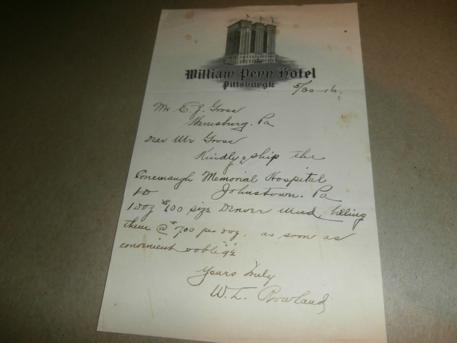 Vtg 1916 William Penn Hotel Pittsburgh PA Stationery Letter E Z Gross Harrisburg