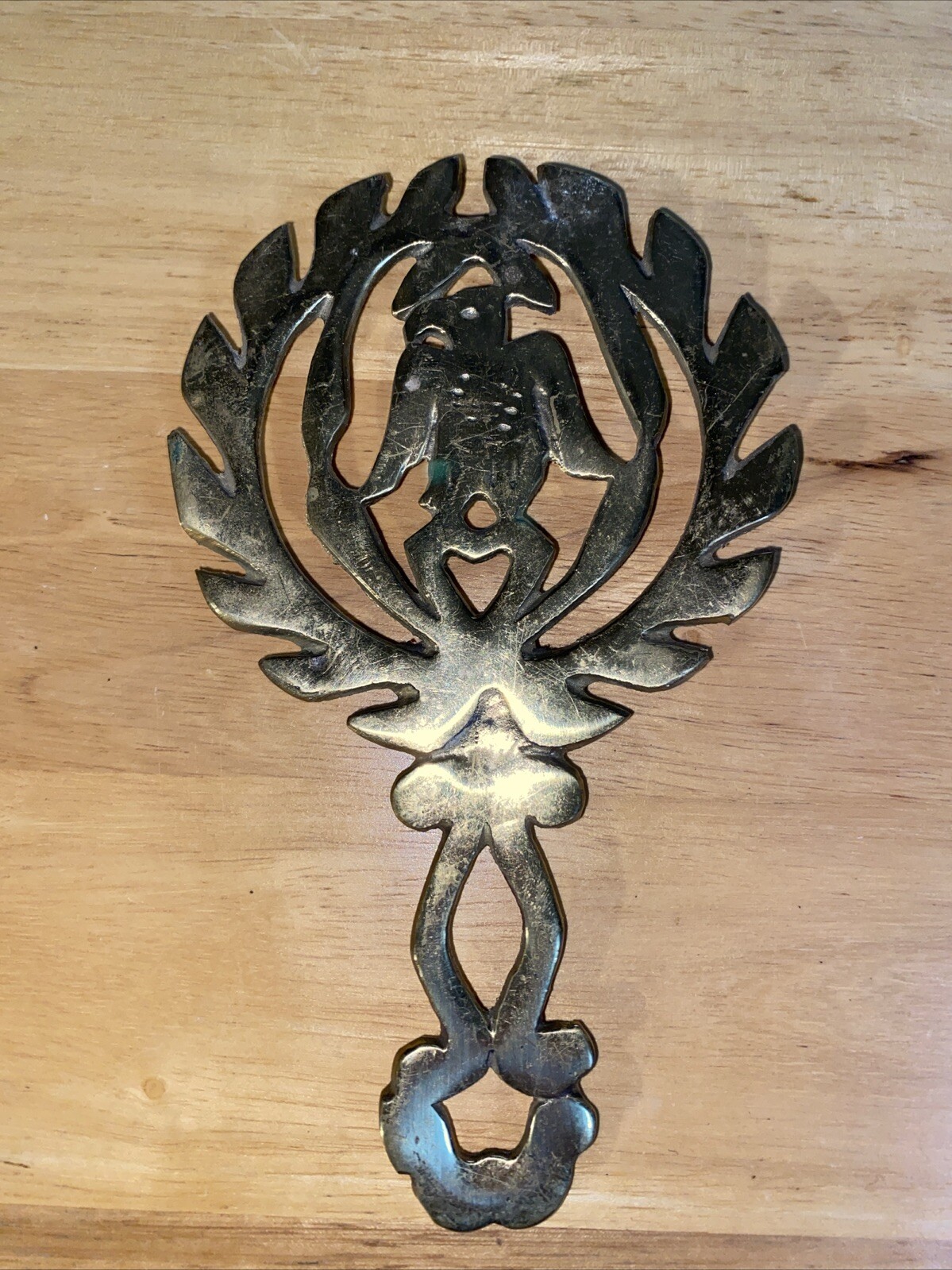 Vtg Gold Tone Brass Trivet Eagle Leaf Wreath Made in Japan Original Label
