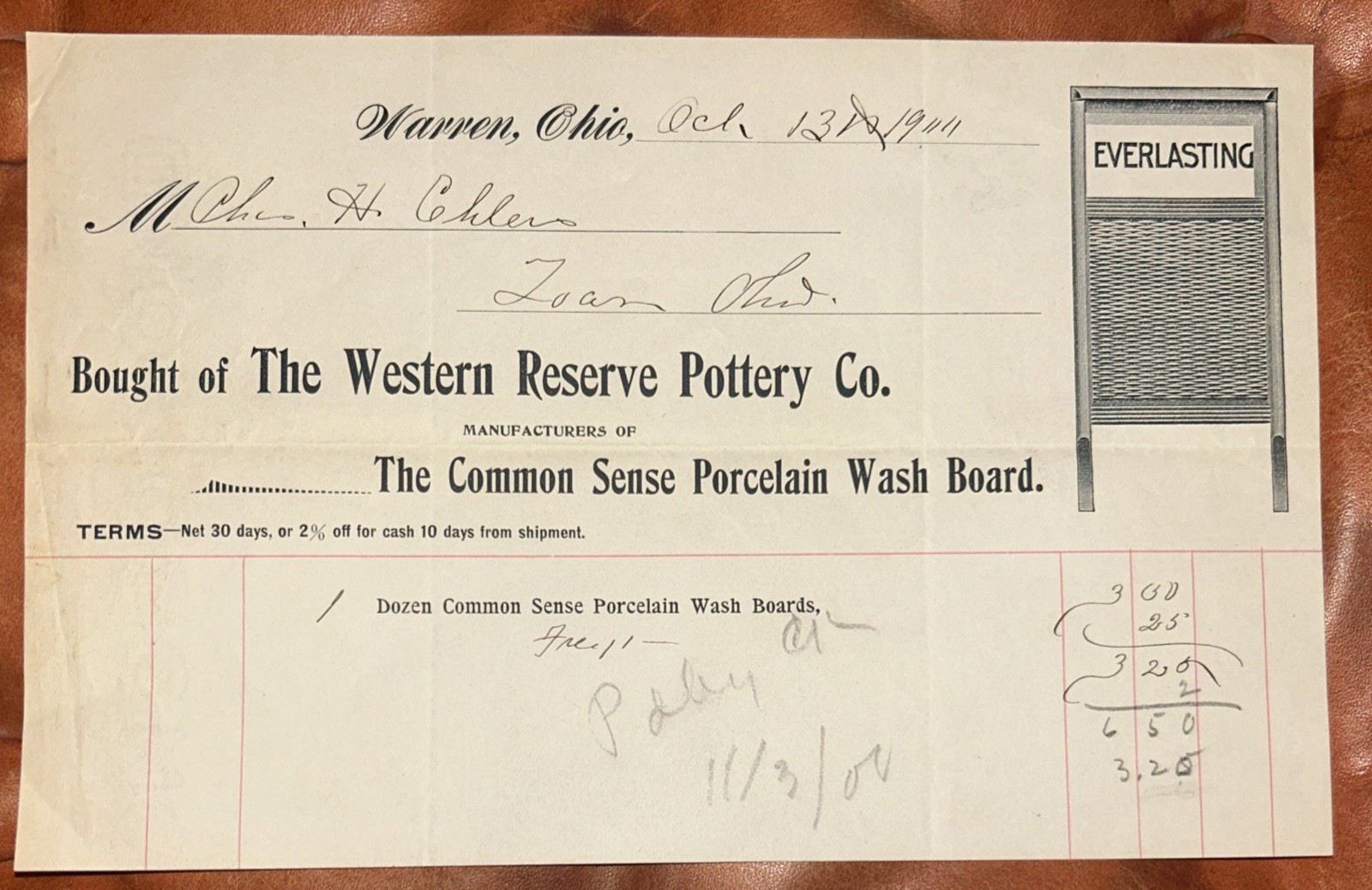 Western Reserve Pottery Company Warren Oh. Letterhead Everlasting Washboard 1911