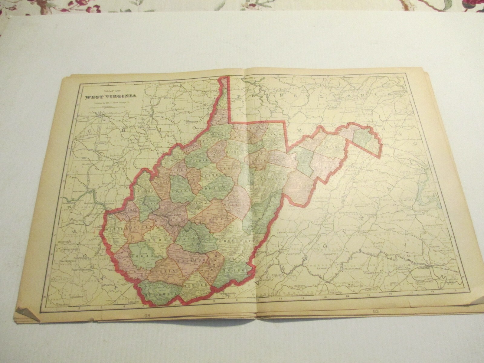 ANTIQUE MAP  OF WEST VIRGINIA  CRAM\'S  ATLAS 1905  23 X 14.5 DOUBLE PAGE