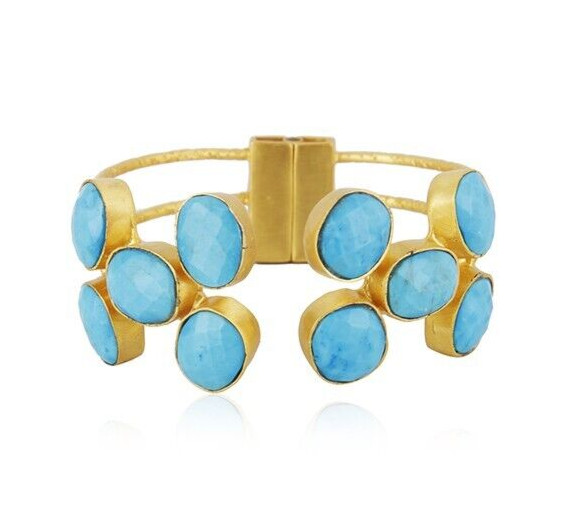 Multistone Adjustable Bracelet Gold Plated Three Tone Brass Cuff With Turquoise
