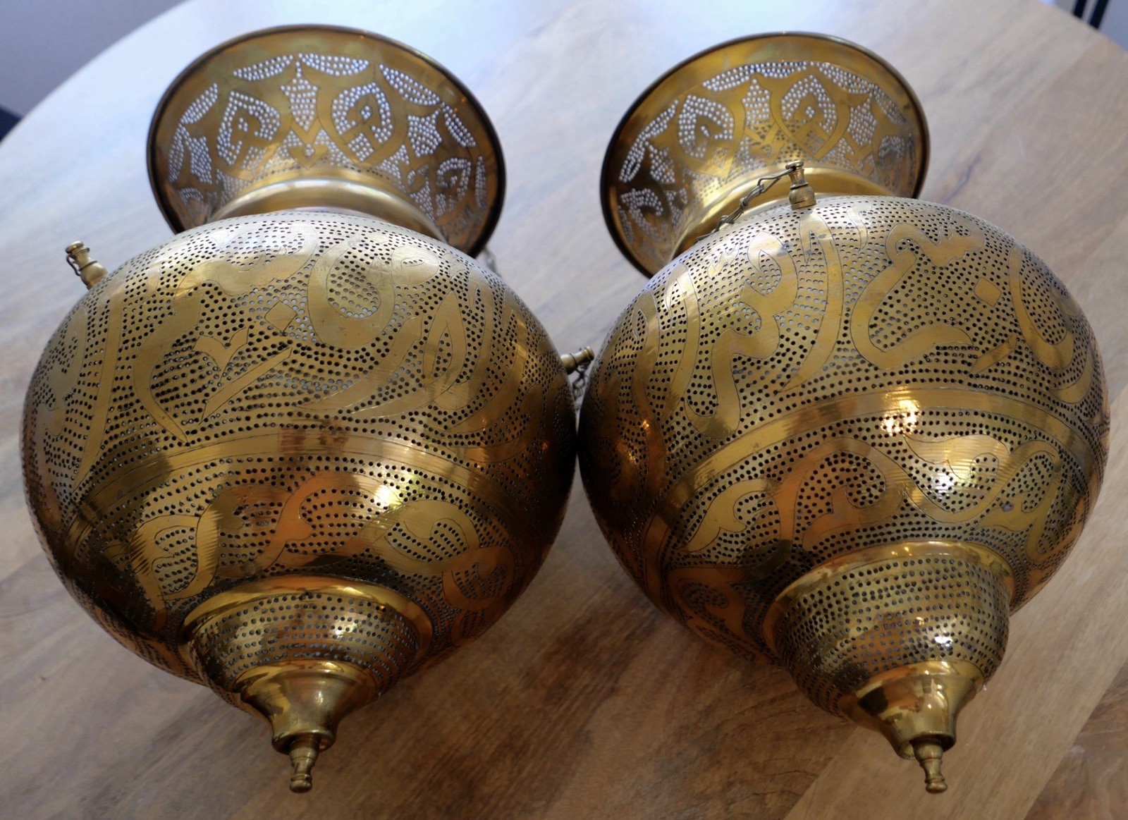 ⁠Vintage Pierced Brass Moroccan Pendant Lights Pair Egyptian Teardrop Lanterns⁠