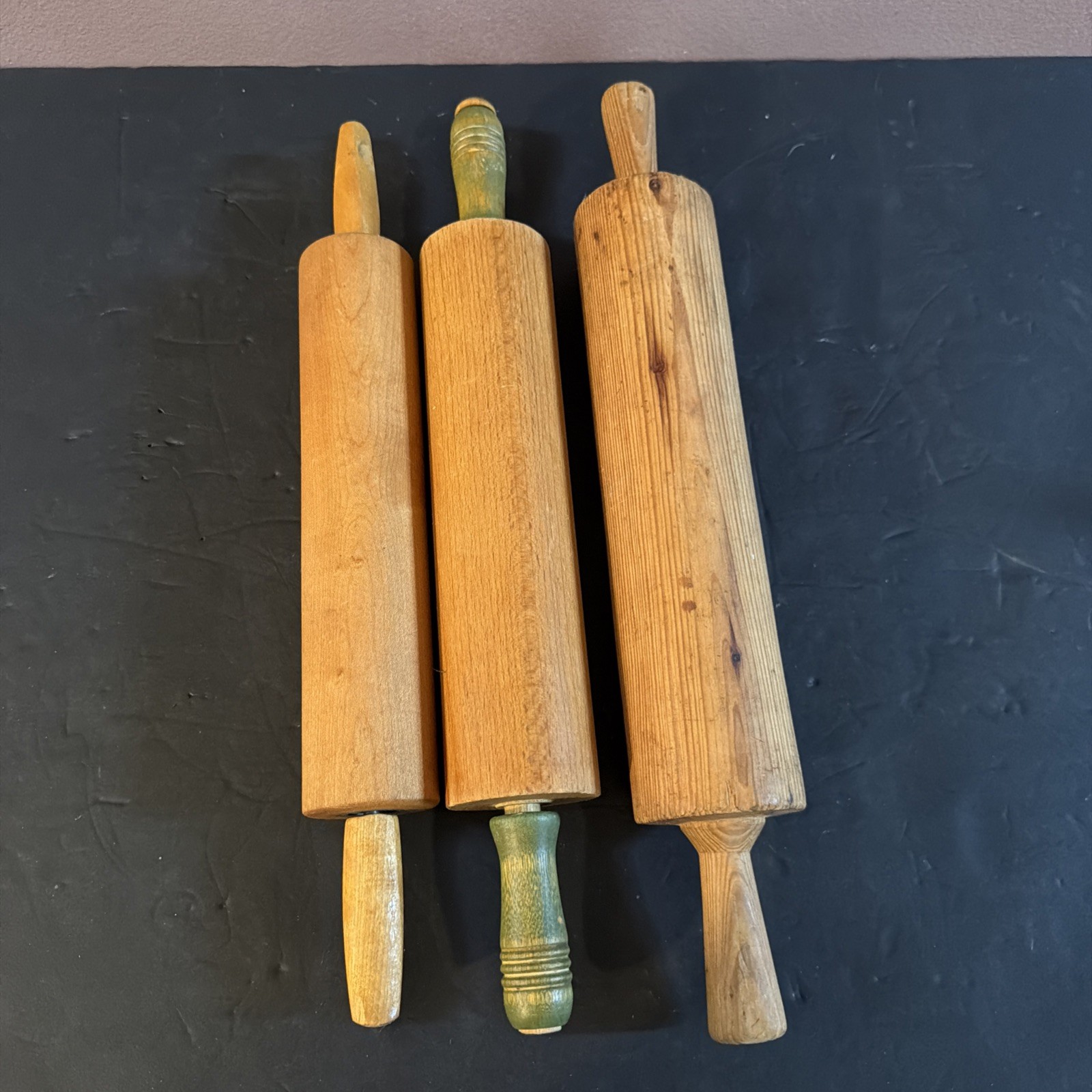 Lot of 3 Wooden Rolling Pins w/ Handles Vintage Farmhouse Kitchen Decor
