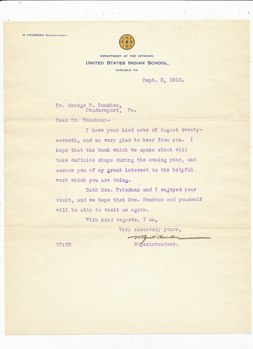 Carlisle Indian School 1912 Letter Signed to George Donehoo re: Book * RARE *