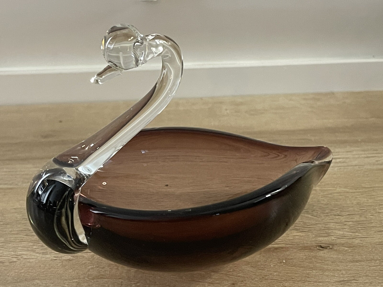 Vintage Art Glass Hand Blown Plum Crystal Swan Candy Dish