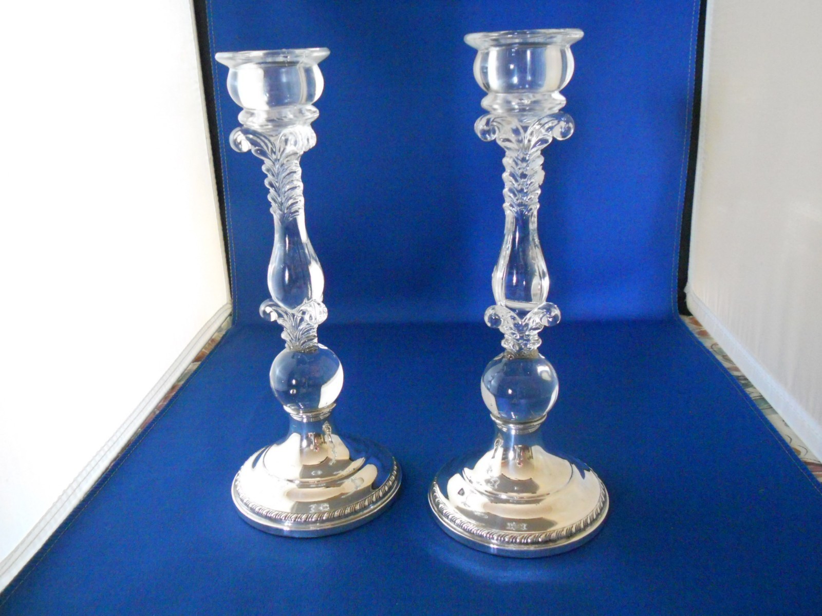Pair Antique Cambridge Pattern 3121 Glass & Sterling Silver Candlesticks 9
