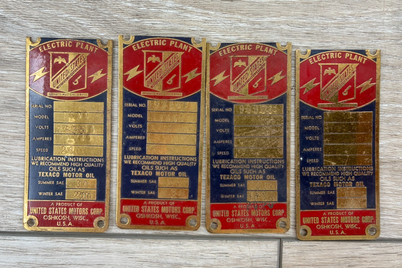 Vintage United States Motors Oshkosh Wi Brass ID Tags Nameplates Generators Rare